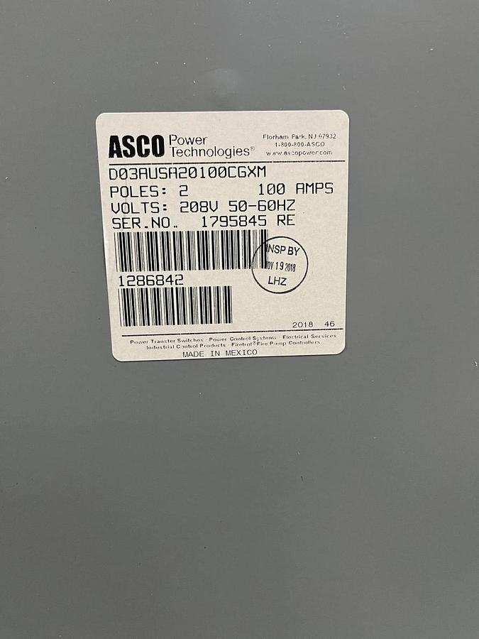 Used 100A 208V ASCO D03AUSA20100CGXM Automatic Transfer Switch - S/N: 1795845RE