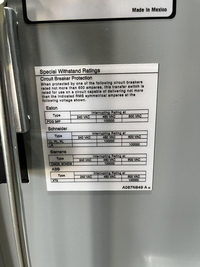 New 150A 208VAC Cummins CXTC8 Spec. A Automatic Transfer Switch - S/N: A23M204627