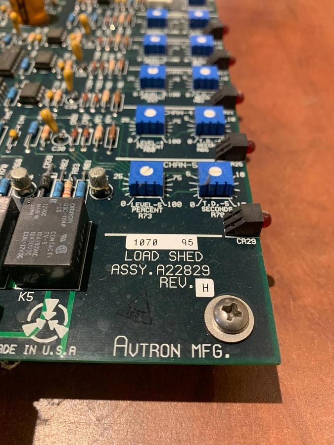 Used Avtron Asco Load Shed PCB ASSY. A22829 Rev. H | From Avtron K675A Load Bank