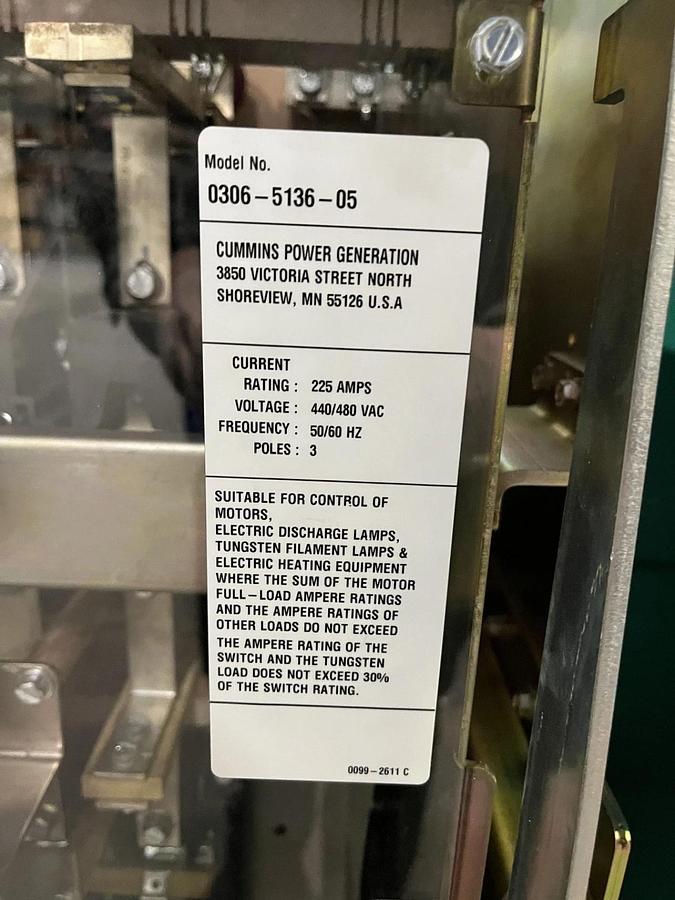 Used New 225 Amp 480VAC Cummins BTPCB Automatic Transfer Switch - S/N: F19M577949