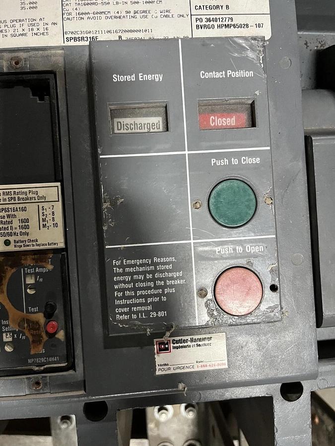Used Used Cutler-Hammer 1600 Amp 3-Pole SPB65 Circuit Breaker - SPBSR316F-B