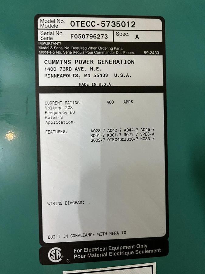 Used Used 400 Amp Cummins Automatic Transfer Switch OTECC-5735012 - S/N: F050796273