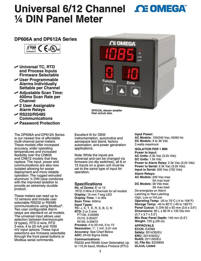 Used New Omega DP606A-DC 9-36V 3 Watts 6 Channel DC Panel Meter | Cummmins A060S023