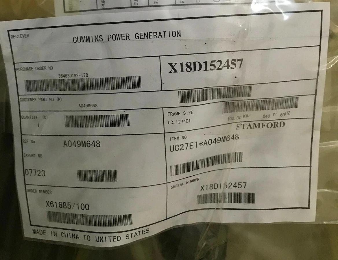 Used New 100kW Stamford Alternator UCI274E1 240V 1PH | P/N: A049M648 | SN: X18D152457