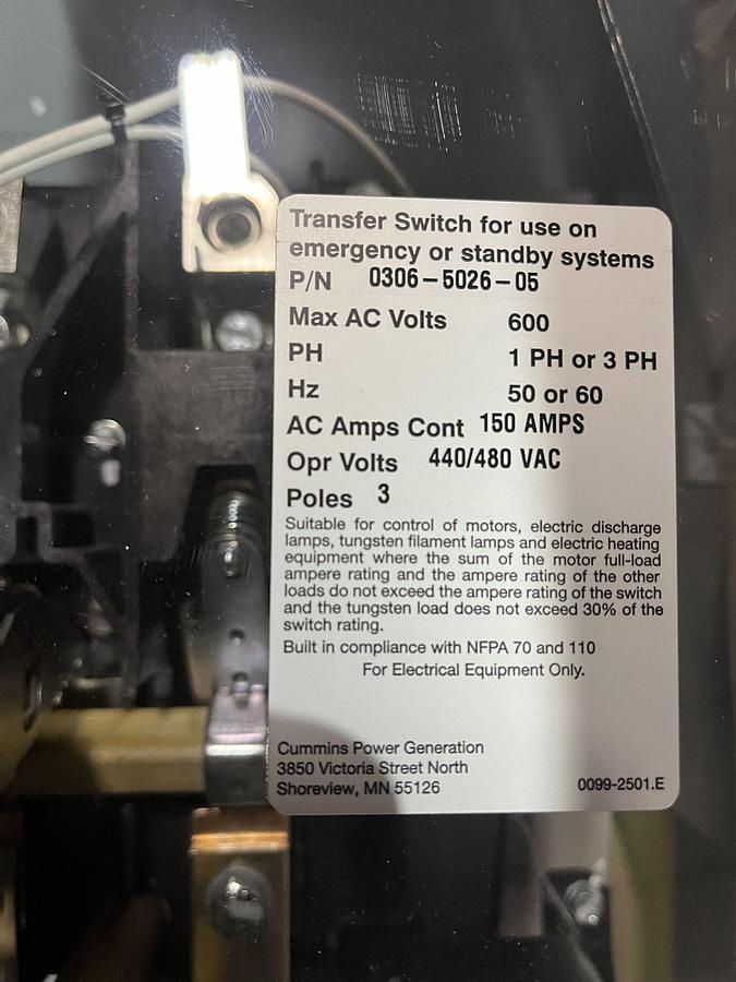 New 150 Amp 480VAC Cummins OTECB Spec. B Automatic Transfer Switch - S/N: E23M242535