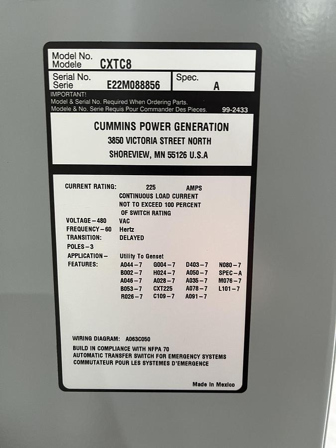 New 225A 480VAC Cummins CXTC8 Spec. A Automatic Transfer Switch - S/N: E22M088856