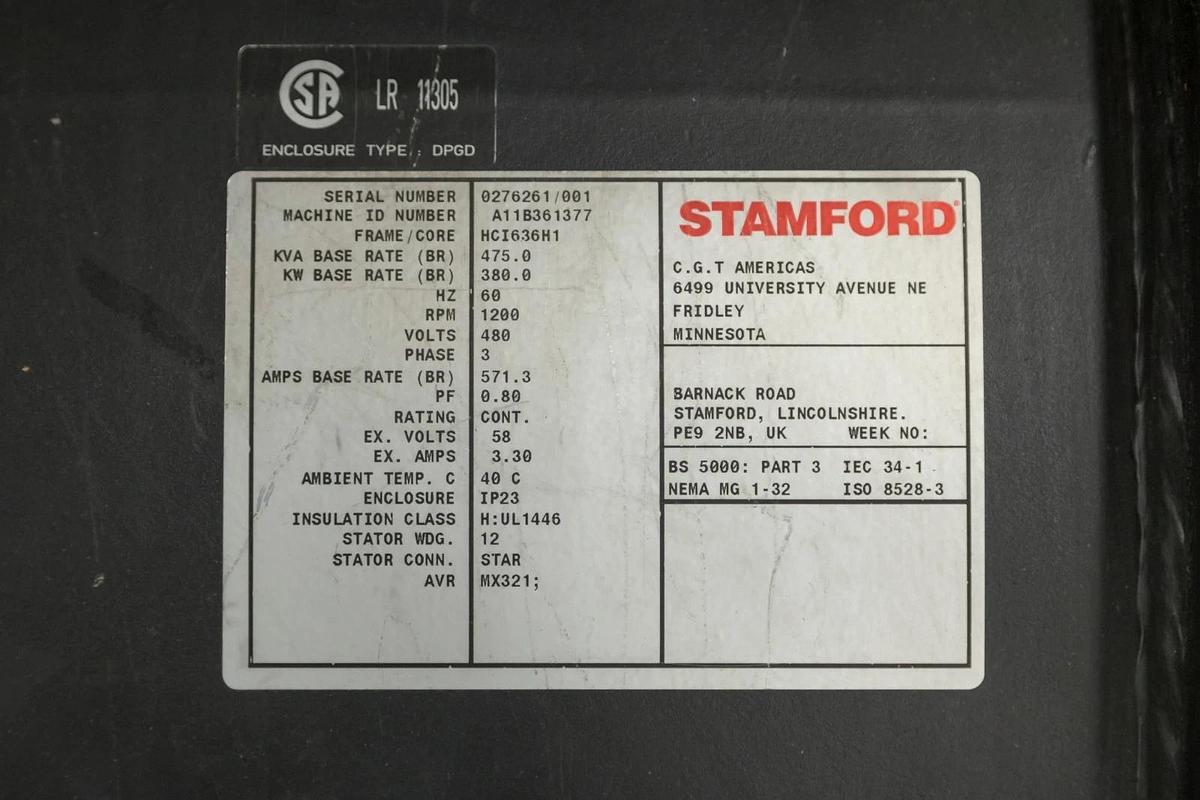 Used 475kW Stamford 6-Pole Alternator 1200 RPM 480V | HCI636H1 - S/N: 0276261/001