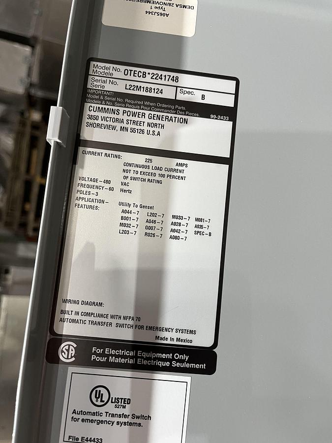 New 225A 480VAC Cummins OTECB Spec. B Automatic Transfer Switch