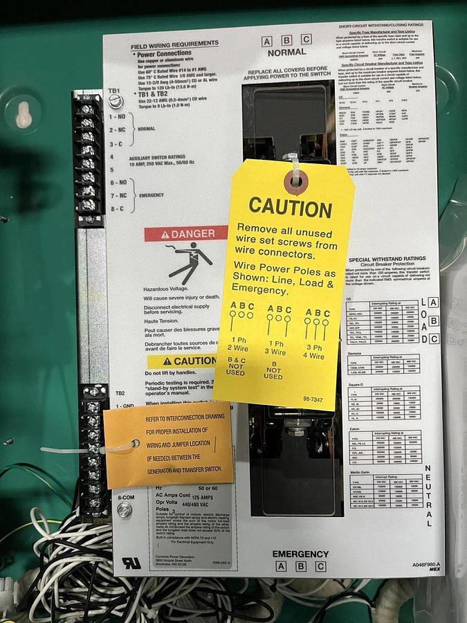 Used 125 Amp 480VAC Cummins OTPCA Spec. A Automatic Transfer Switch - S/N: B22M047850