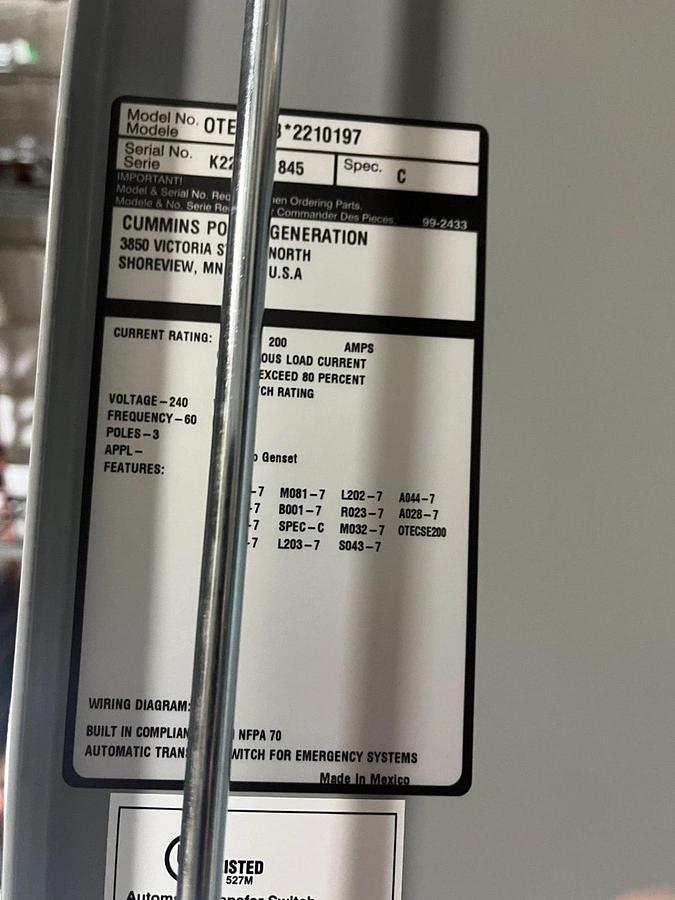 Used 200 Amp Cummins OTECSEB Service Entrance Auto Transfer Switch S/N: K22M181845