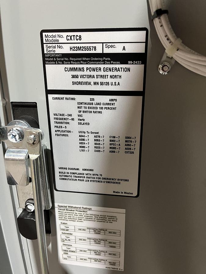 New 225 Amp 240VAC Cummins CXTC8 Spec. A Automatic Transfer Switch - S/N: H23M255578