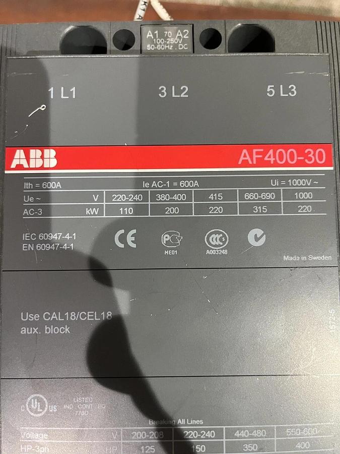 Used ABB AF400-30 Contactor - 550A 600 VAC - For Use with Design E Motor