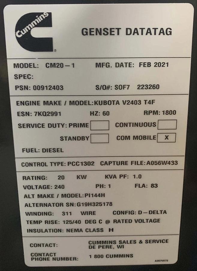 Used New 20kW Cummins CM20-1 Commerical Mobile Diesel Generator | 120/240V 1PH