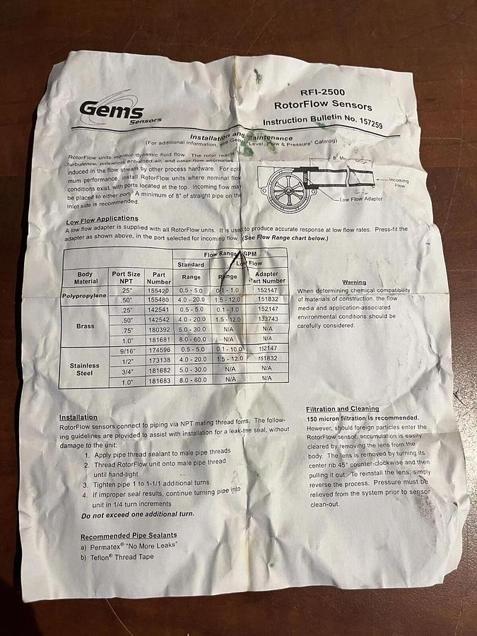 Gems RFI-2500 Brass RotorFlow Sensor - P/N: 203683