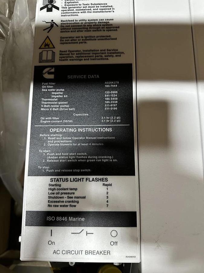 Used 5kw Cummins Marine Quiet Diesel Generator - 120V 60hz 1PH - P/N: MDKBH*2120017