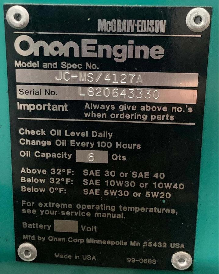 New Old Stock Onan McGraw-Edison JC-MS/4127A Engine | S/N: L820643330