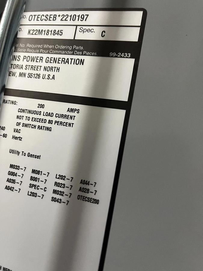 Used 200 Amp Cummins OTECSEB Service Entrance Auto Transfer Switch S/N: K22M181845