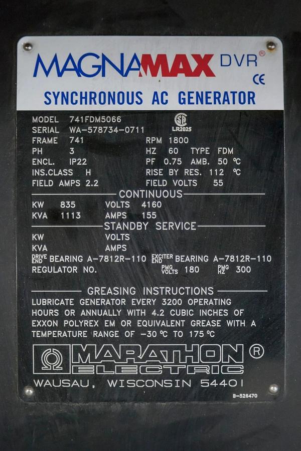 Used 835kW Marathon Generator Medium Voltage 4160V | 741FDM5066