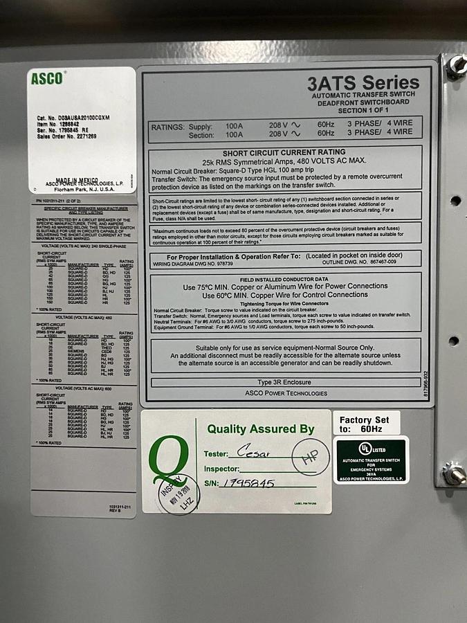 Used 100A 208V ASCO D03AUSA20100CGXM Automatic Transfer Switch - S/N: 1795845RE
