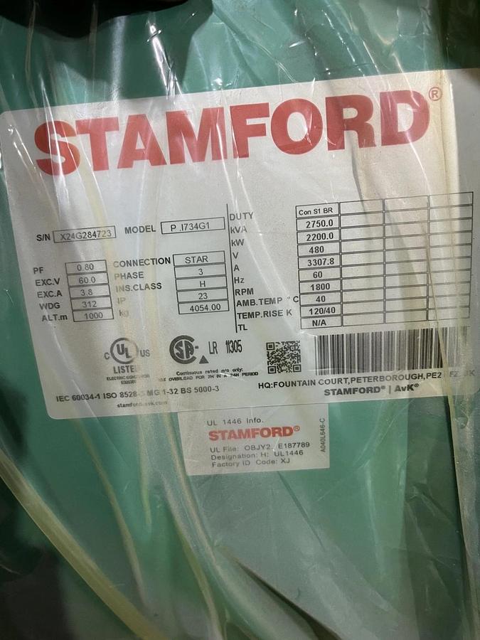 Used 2200kW (2750kVA) 480V Stamford PI734G1 Alternator - P/N: 0200-3128-42