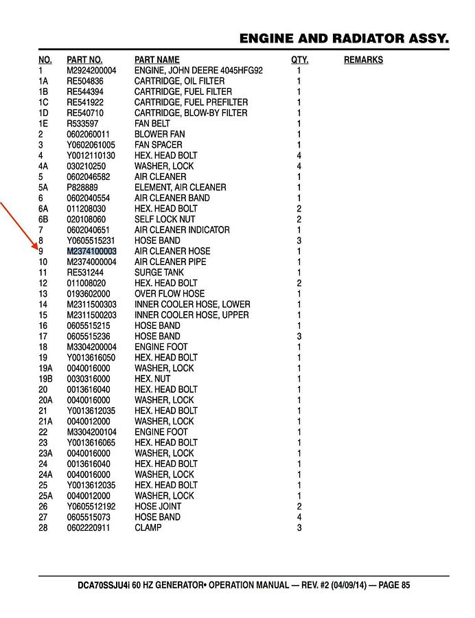 Used Multiquip MQ Power Air Cleaner Hose (JP) DCA70SSJU4i | P/N: M2374100003