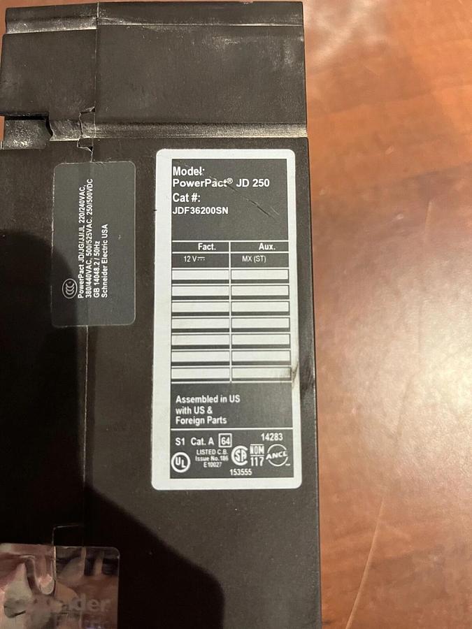 Used Used 200A Square D PowerPact JD250 JDF36200SN Circuit Breaker - P/N: Y0601808833