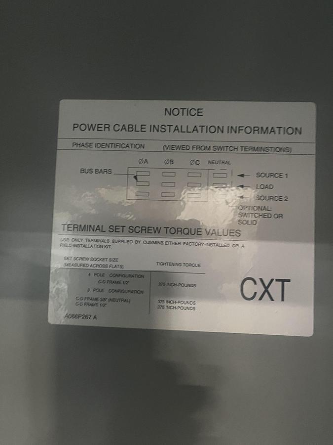 New 300 Amp 480VAC Cummins CXTC8 Spec. A Automatic Transfer Switch - S/N: C22M060165