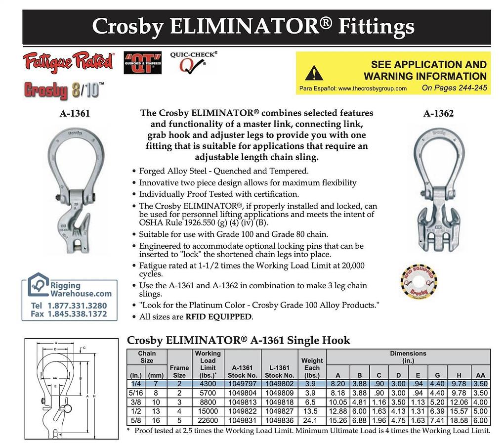 New Crosby A-1361 Eliminator 1/4" Single Grab Hook | 4,300 lbs. 1049797 GR 100