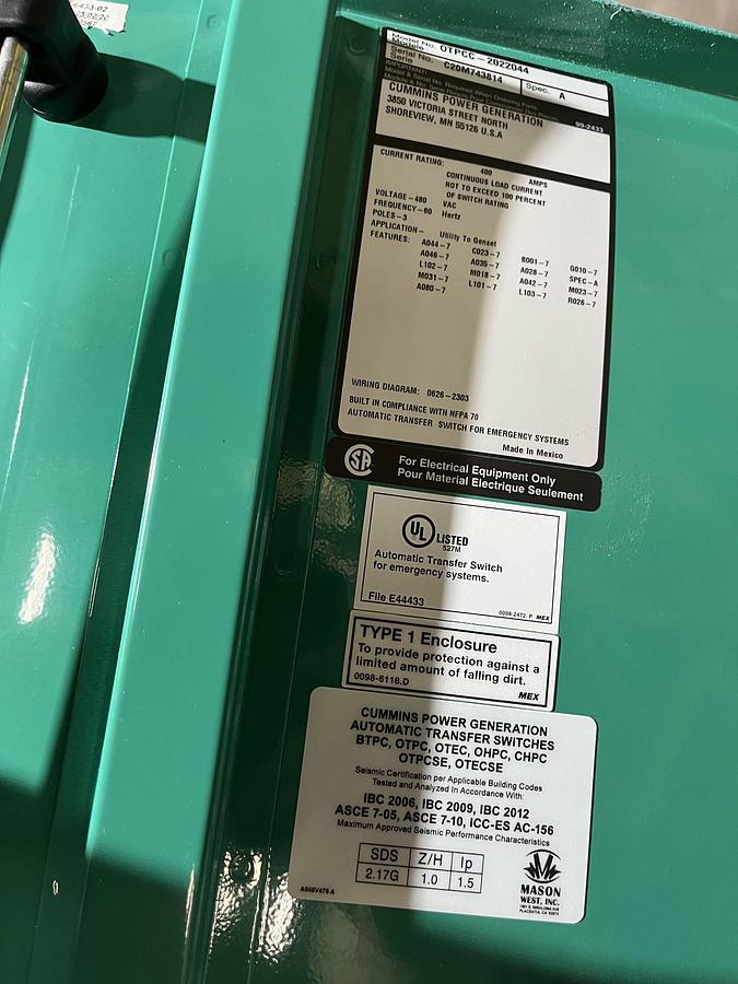 New 400 Amp 480 VAC Cummins OTPCC Spec. A Automatic Transfer Switch - S/N: C20M743814