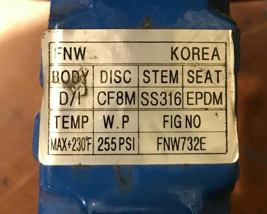 New 4" FNW Butterfly Valve EPDM ANSI 150 Ductile Iron | P/N: FNW732EP