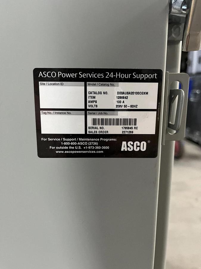 Used 100A 208V ASCO D03AUSA20100CGXM Automatic Transfer Switch - S/N: 1795845RE