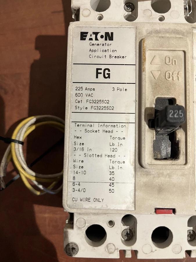 Used 225 Amp 600VAC Eaton FG3225S02 Circuit Breaker - P/N: A032Z158