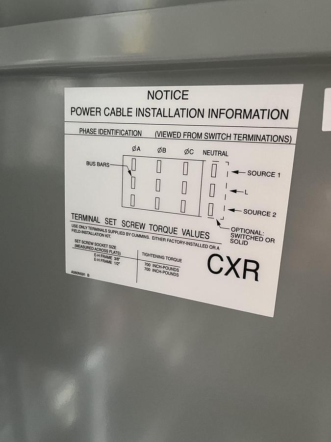 New 1200 Amp 480VAC Cummins CXRE8 Spec. A Automatic Transfer Switch - S/N: K23M293080