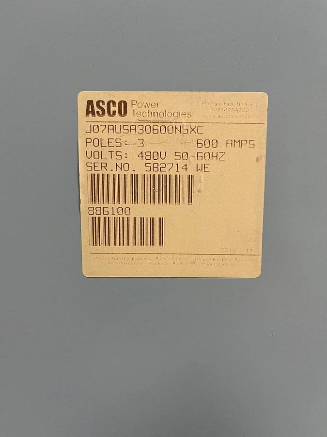 Used New 600 Amp 480V ASCO J07AUSA30600N5XC Automatic Transfer Switch - S/N: 582714WE