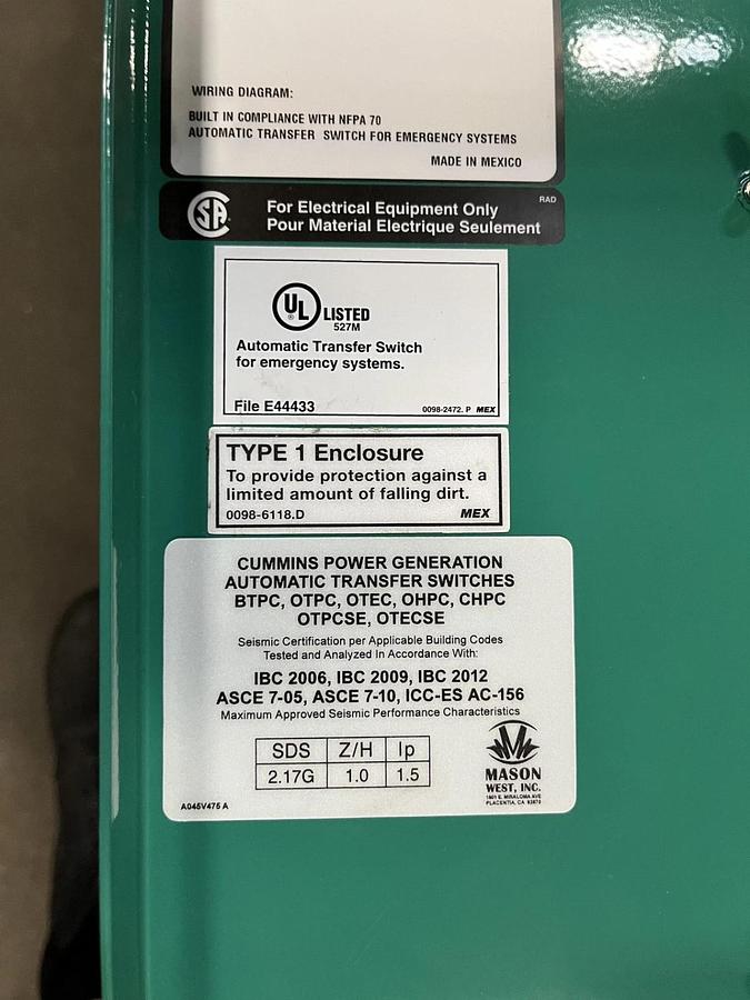 Used 260 Amp 240V 60Hz Cummins OHPCB Automatic Transfer Switch  S/N: C16M929736