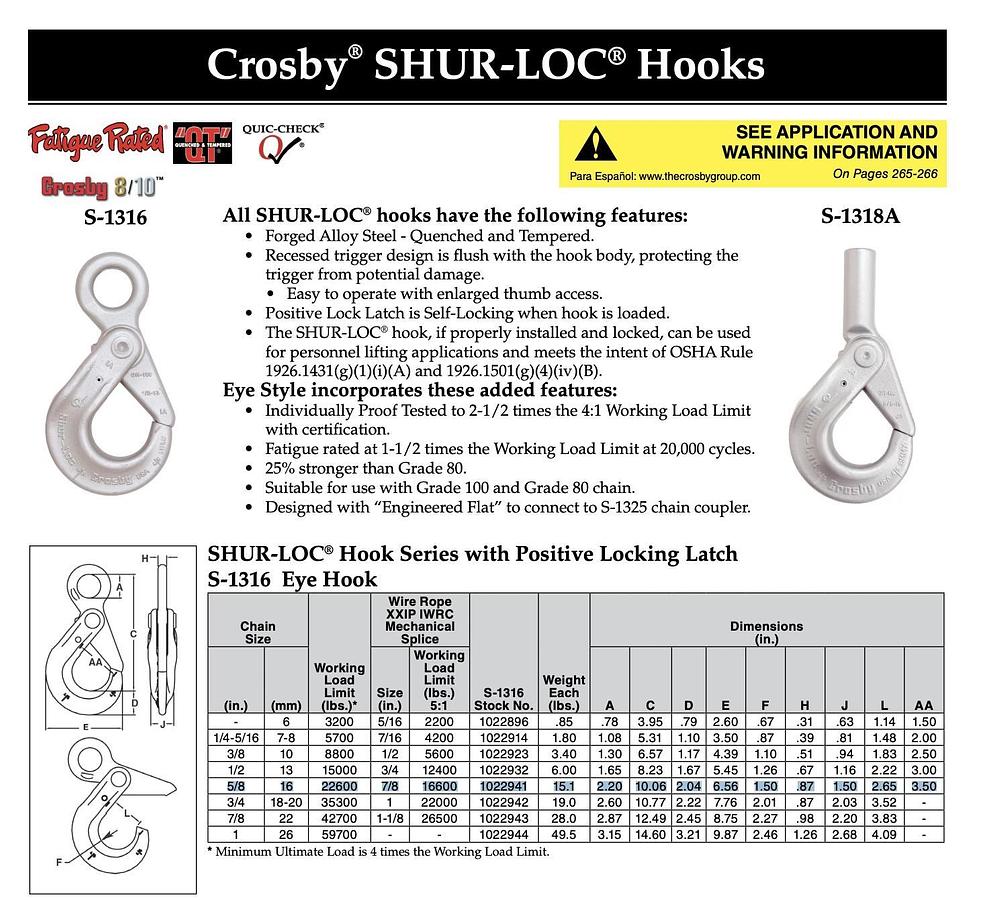New Crosby Eye Shur-Loc 5/8" Rigging Lifting Hook | 22,600 lbs. WLL 1022941