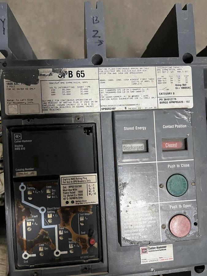 Used Used Cutler-Hammer 1600 Amp 3-Pole SPB65 Circuit Breaker - SPBSR316F-B