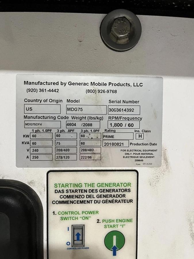 75kVA Generac MDG75DF4 Mobile Diesel Generator - S/N: 3003614392 (New GenEnd)