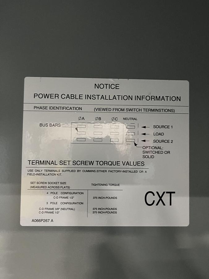 800 Amp 240VAC Cummins CXTD8 Spec. A Automatic Transfer Switch - S/N: F23M236180