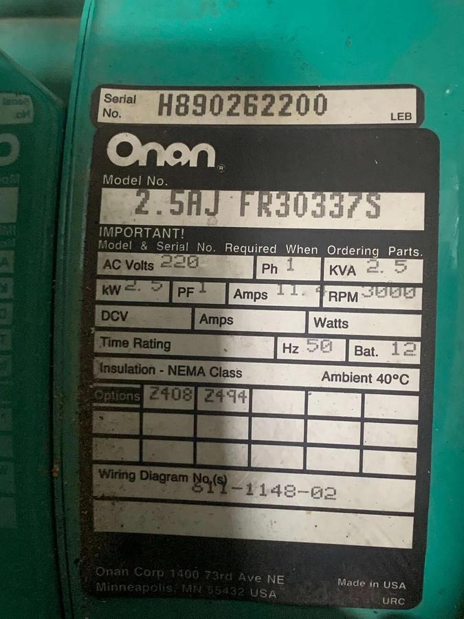 New Onan 2.5AJ Stationary Gasoline Generator 220V 50Hz | S/N: H890262200