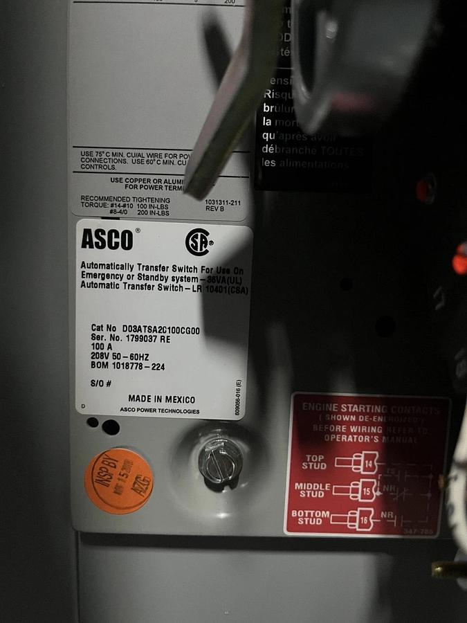 Used 100A 208V ASCO D03AUSA20100CGXM Automatic Transfer Switch - S/N: 1795845RE