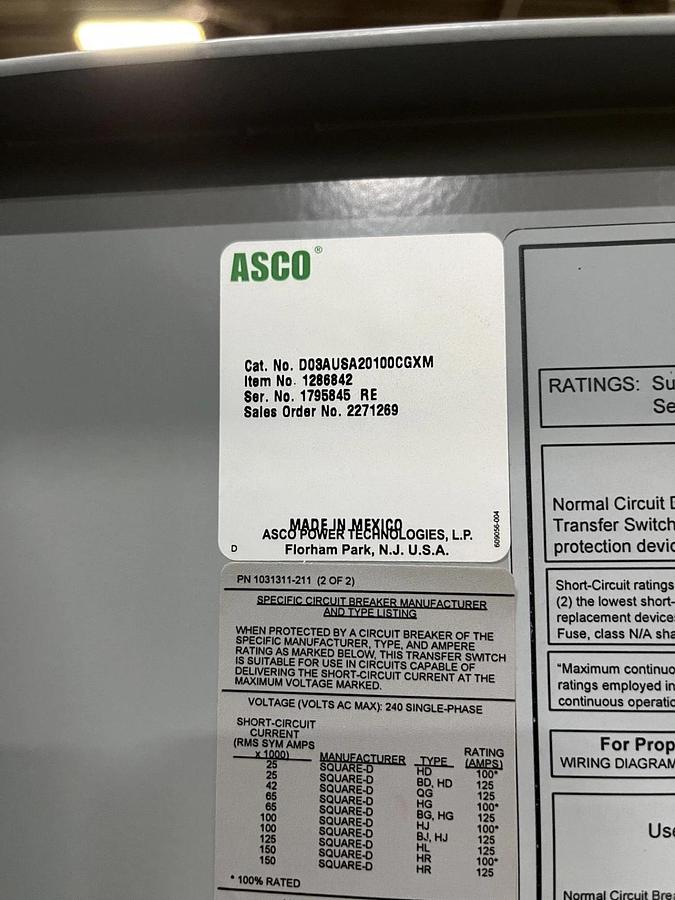 Used 100A 208V ASCO D03AUSA20100CGXM Automatic Transfer Switch - S/N: 1795845RE