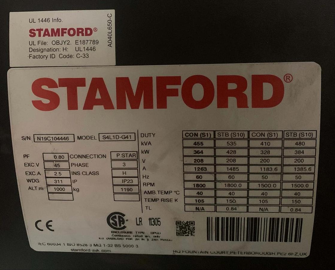 Used New 450kW Stamford S4L1D-G41 Alternator 480V 3PH | Winding: 311