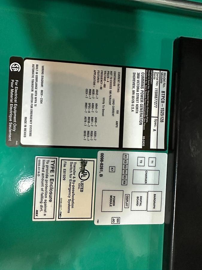 Used Cummins 150 Amp BTPCB-1525128 Automatic Transfer Switch - S/N: I15M877277