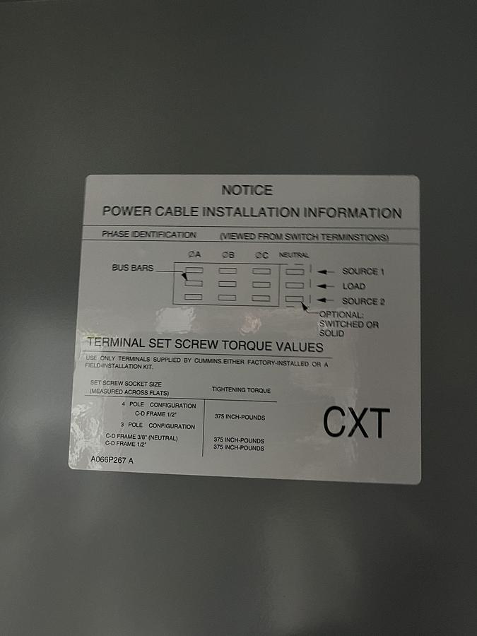New 225 Amp 240VAC Cummins CXTC8 Spec. A Automatic Transfer Switch - S/N: H23M255578