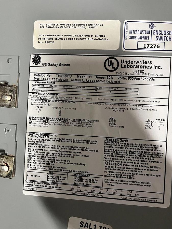 Used Used 30 Amp 600V GE Disconnect Switch - THN3361J Model 11