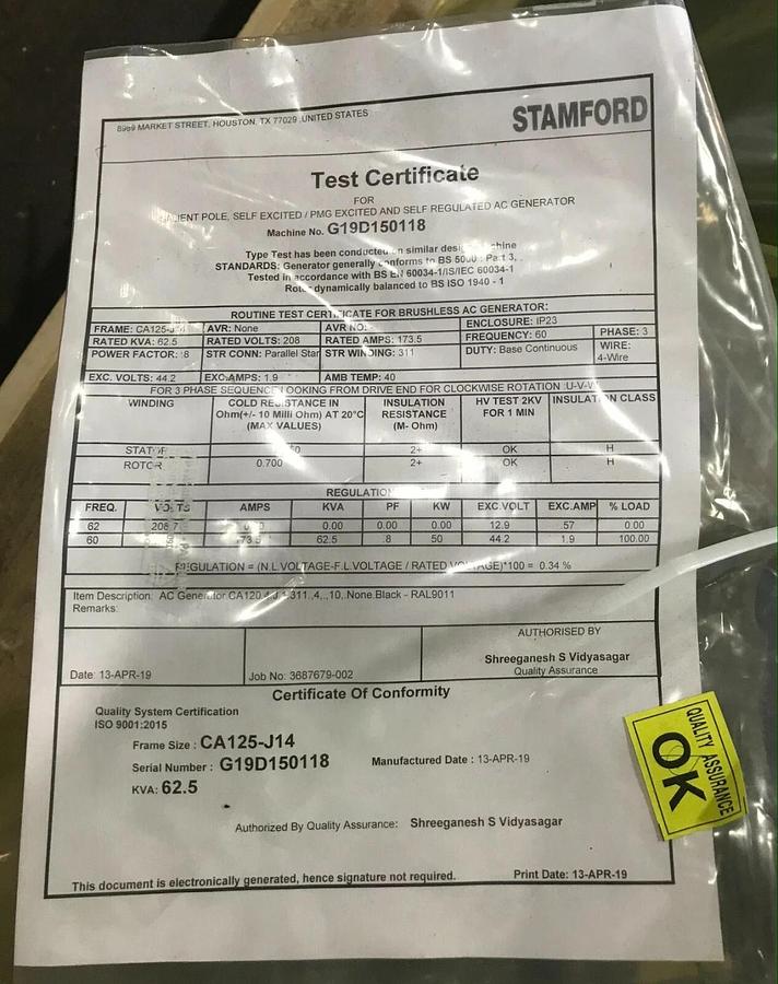 Used New 50kW Stamford Alternator CA125-J14 208V 3PH | P/N: A045L944 C40D6 C50D6