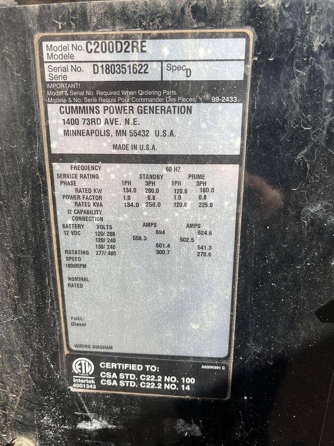 Used 200kW Cummins C200D2RE Spec. D Mobile Diesel Generator - S/N: D180351622 (New Engine!)