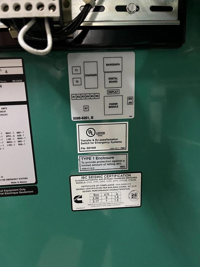 225 Amp 480VAC Cummins BTPCB Spec. A Automatic Transfer Switch - S/N: I21M978608