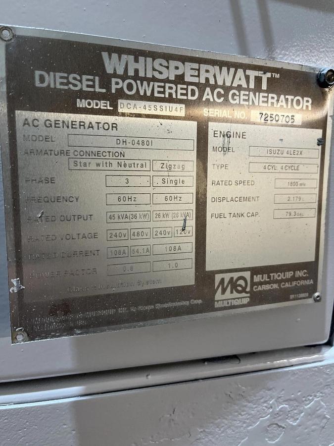 Used 45kva Multiquip DCA45SSIU4F Mobile Diesel Generator - S/N: 7250705
